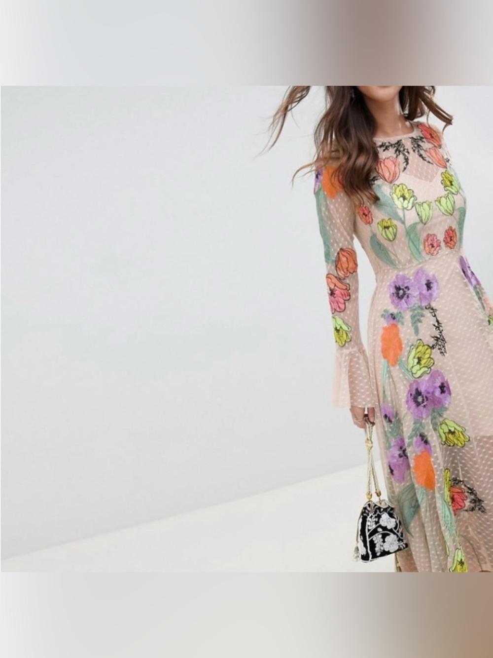 Asos Floral Embroidered Long Sleeve Mesh Maxi Dress - Pink